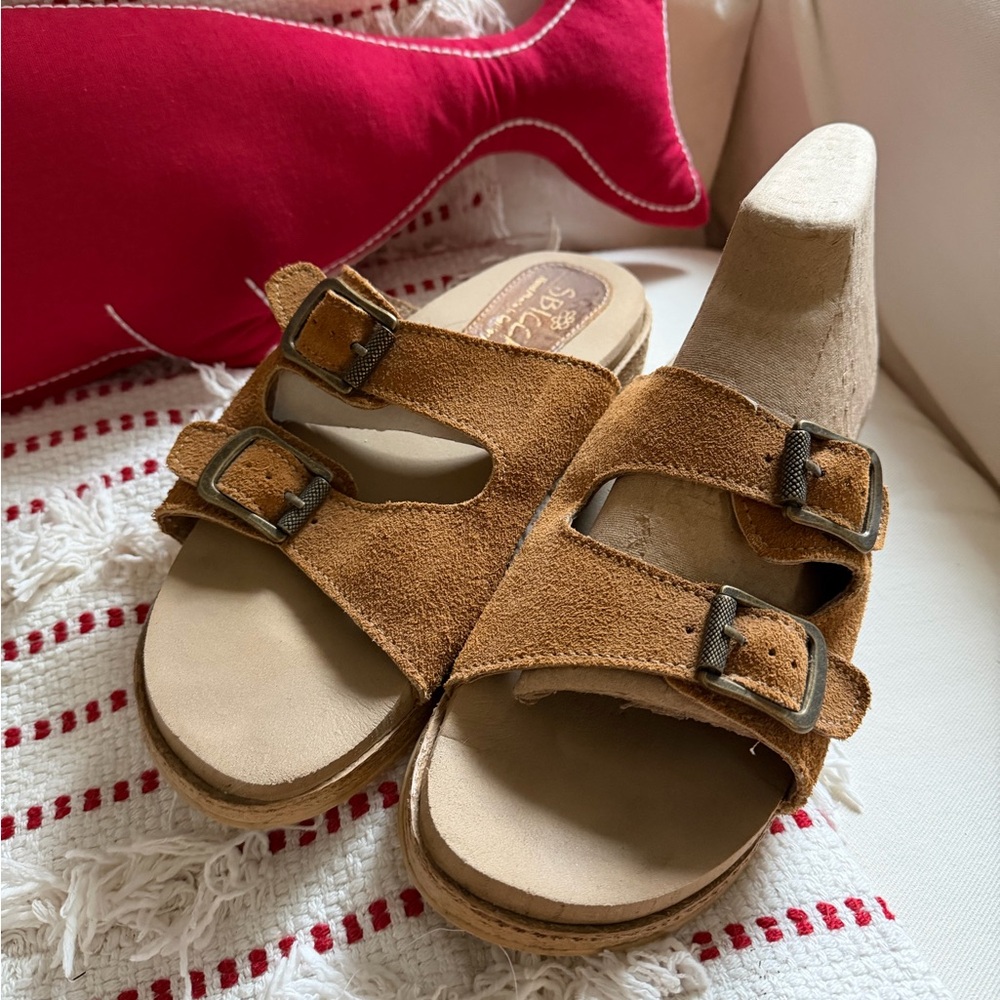 Sbicca Tan Suede Double-Buckle Slide Sandals